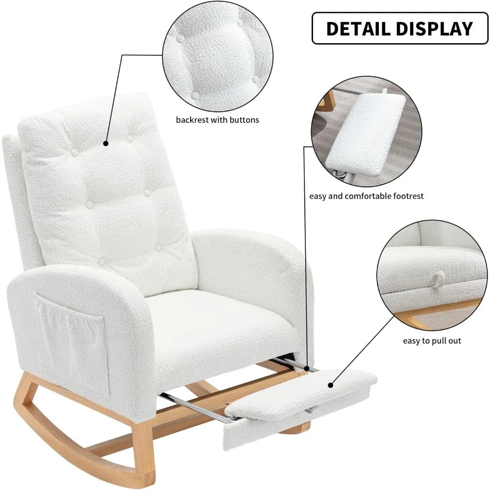 Rocking Chair with Foot Rest, Nursery Glider Teddy Gliding Rocking Chair with Retractable Footrest Rubber Wood Legs Side Pocket