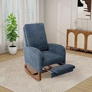Rocking Chair with Foot Rest, Nursery Glider Teddy Gliding Rocking Chair with Retractable Footrest Rubber Wood Legs Side Pocket