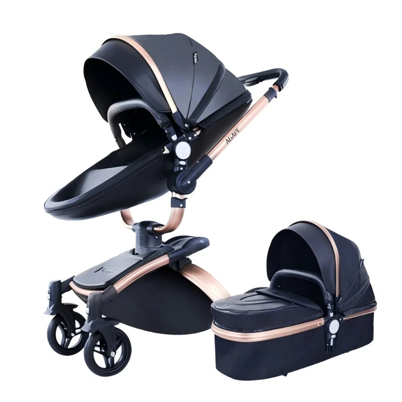 PU Leather Baby Stroller 3 IN 1 Luxury Lightweight High Landscape 360-Degree Rotating Aluminum Frame Baby Carriage Car Seat