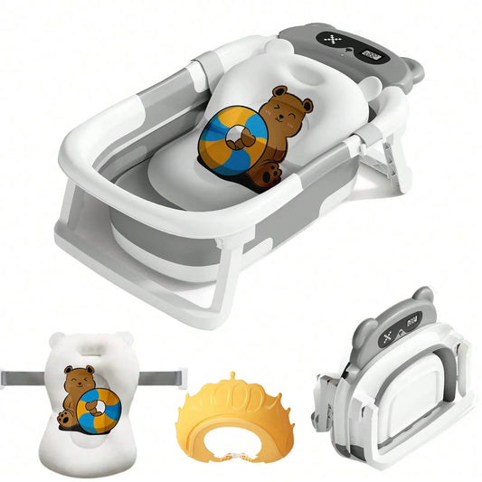 Folding Baby Bathtub with Thermometer Take A Bath Bathtub Non-Slip Foot Bath Bucket Bathroom Tub with Cushion Support for Shower