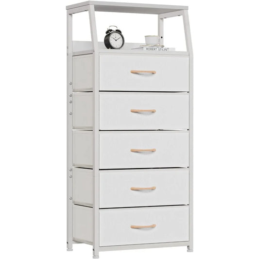 White Dresser with 5 Drawers, Vertical Storage Tower Fabric Dresser for Bedroom, Hallway, Nursery, Wood Top Children's Dressers