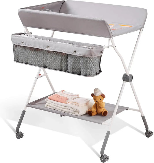 Baby Changing Table, Folding Diaper Changing Station with Lockable Wheels, Portable Changing Table 3-Level Adjustable Heights
