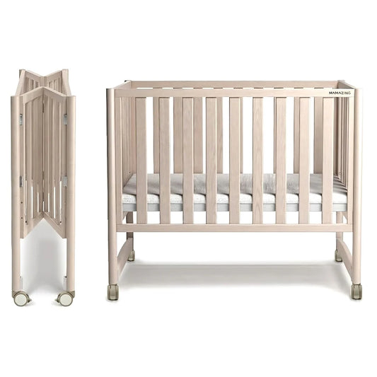 MAMAZING 6-in-1 Mini Crib with Removable Wheels & Mattress 4 Adjustable Heights 100% New Zealand Pinewood Washed Natural