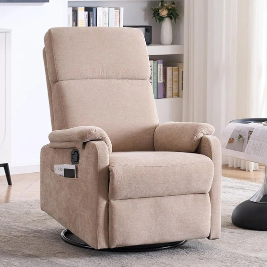 Recliner Chair for Adults, 360° Swivel Rocking Chair Nursery, Small Rocker Recliners for Small Spaces, RV, Fabric Beige