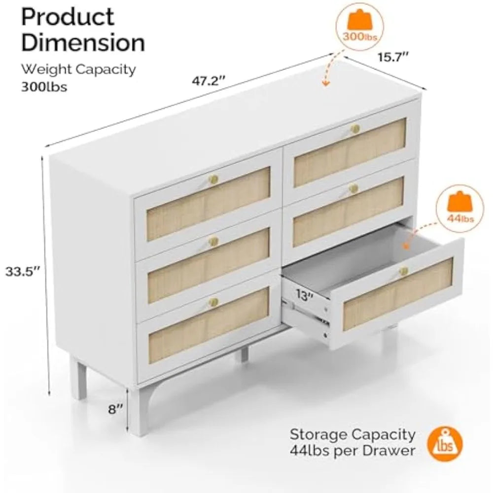 6 Drawer Rattan Dresser, Boho Dresser for Bedroom, White Dresser, 47" Long Dresser, Wooden Dresser Wood Chest of Drawers