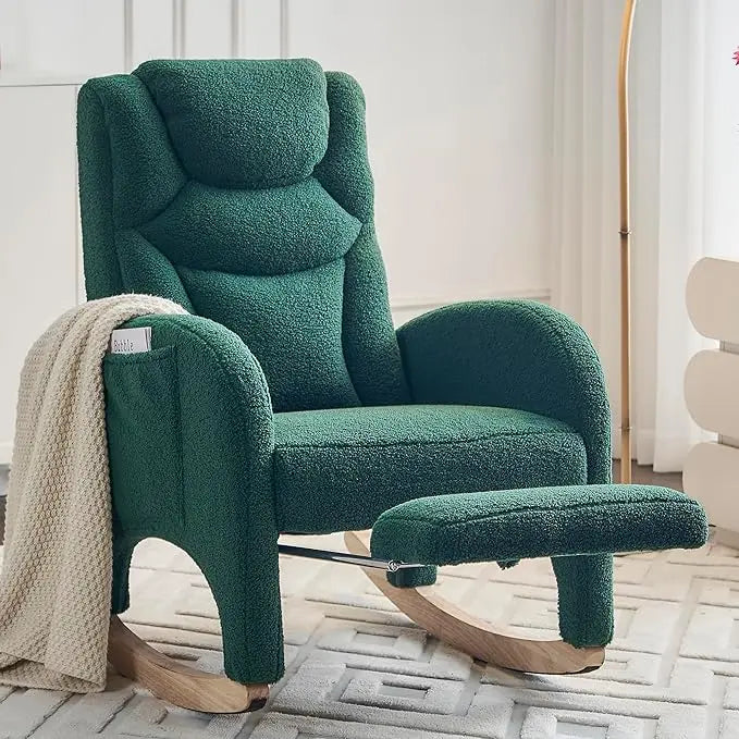 Rocking Chair with Foot Rest, Nursery Glider Teddy Gliding Rocking Chair with Retractable Footrest Rubber Wood Legs Side Pocket