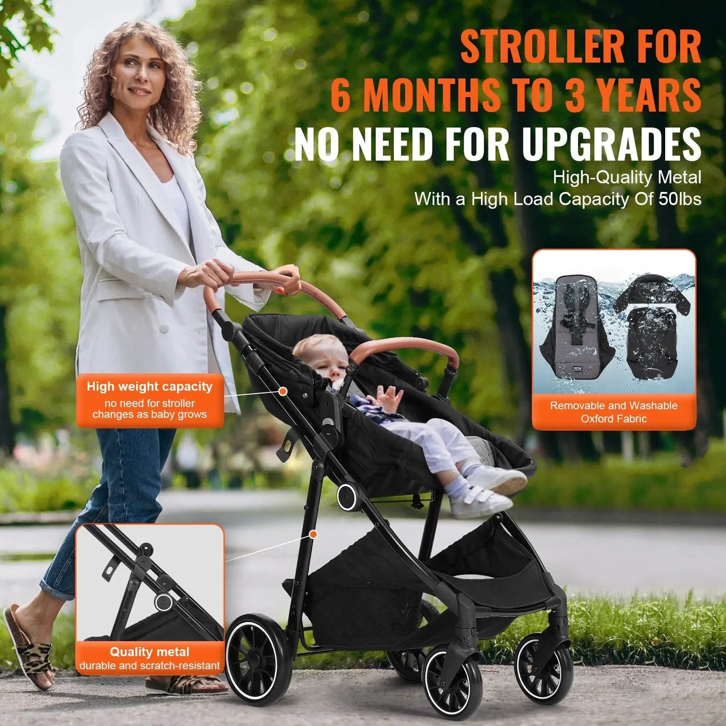 3-in-1 Baby Stroller – Bassinet & Reversible Seat, Adjustable Backrest, Foldable, Carbon Steel Frame (Black)