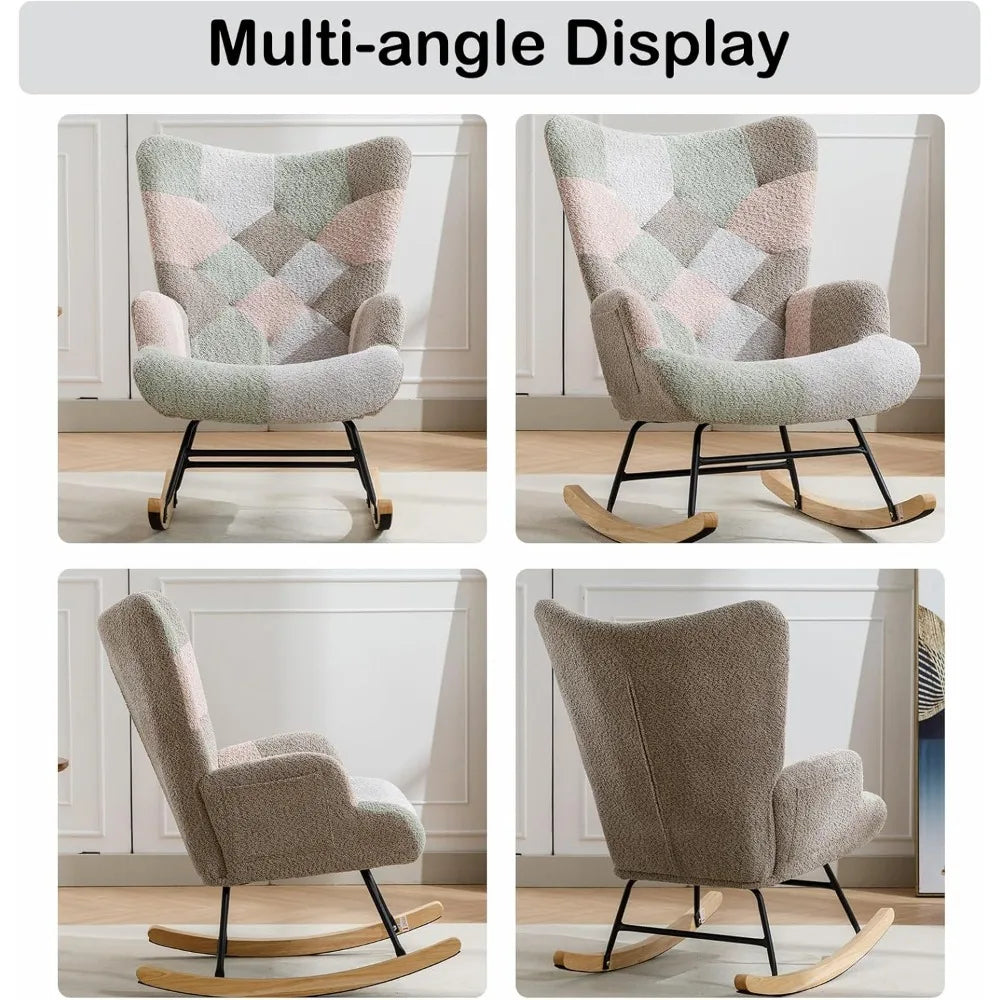 Rocking Chair for Nursery, Upholstered Teddy Fabric Nursing Chair with High Backrest, Modern Accent Glider Rocker Chair for Livi