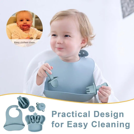 9Pcs Silicone Baby Feeding Set Suction Bowl Divided Plate Bibs Fruit Feeder Spoons Forks Sippy Cup Utensil Sets BPA-Free Tablewa
