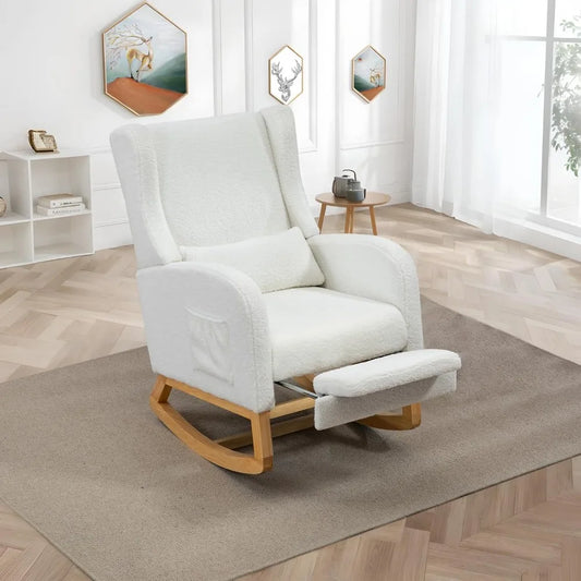 Modern Rocking Chair Nursery Glider, Comfy Rocker Nursery Chair with Foot Rest, Accent Reading Armchair with Pillow and Pocket,