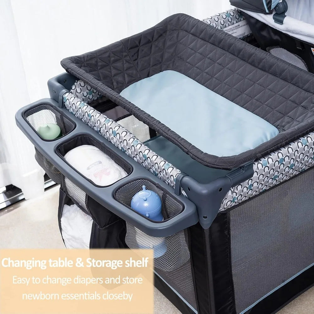 5 in 1 Multifunctional Pack and Play,Foldable Baby Crib with Bassinets,Changing Table,Newborn Napper with Canopy,Diaper Stacker