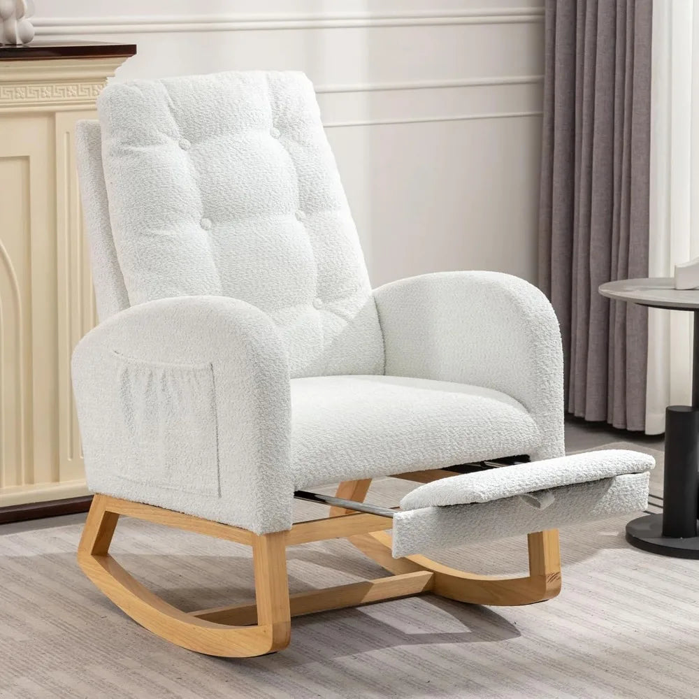 Rocking Chair with Foot Rest, Nursery Glider Teddy Gliding Rocking Chair with Retractable Footrest Rubber Wood Legs Side Pocket