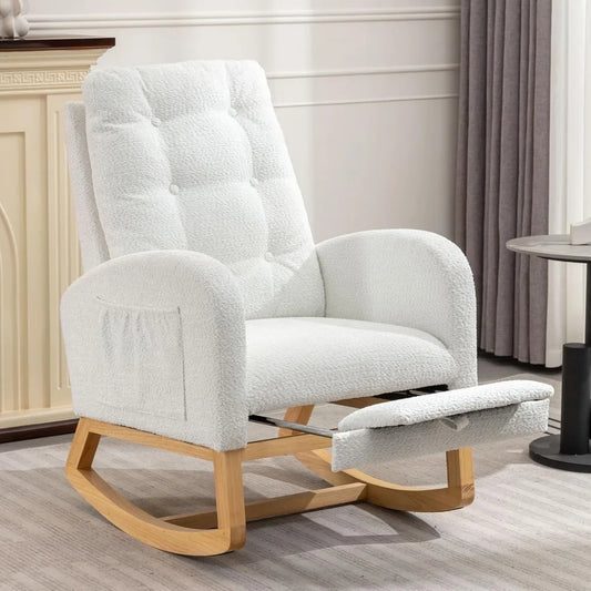 Rocking Chair with Foot Rest, Nursery Glider Teddy Gliding Rocking Chair with Retractable Footrest Rubber Wood Legs Side Pocket