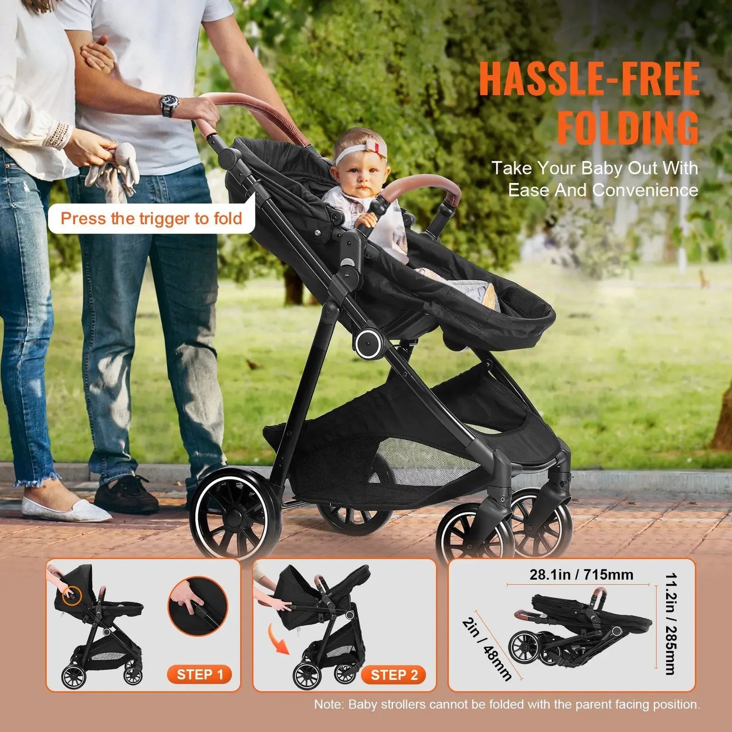 3-in-1 Baby Stroller – Bassinet & Reversible Seat, Adjustable Backrest, Foldable, Carbon Steel Frame (Black)