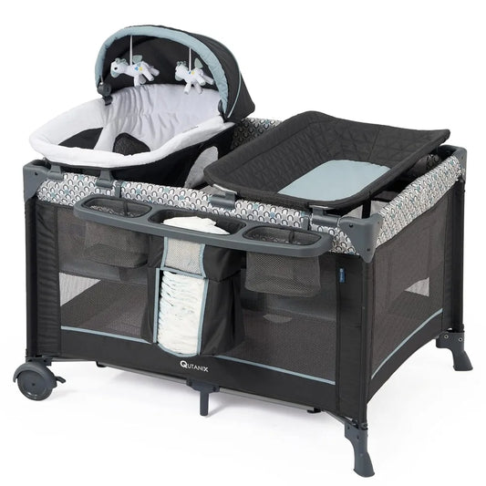 5 in 1 Multifunctional Pack and Play,Foldable Baby Crib with Bassinets,Changing Table,Newborn Napper with Canopy,Diaper Stacker