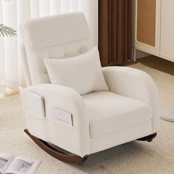 Beige Linen Nursery Rocking Chair with Thick Headrest,Mid-Century Modern Nursing Rocker,Upholstered Glider with Curved Armrest,
