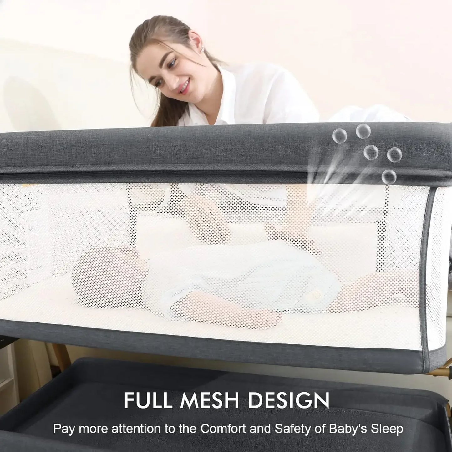 3 in 1 Baby Bassinet Rocking Bassinet with Comfy Mattress and Wheels, 6 Height Adjustable Easy Folding Portable Bedside Crib