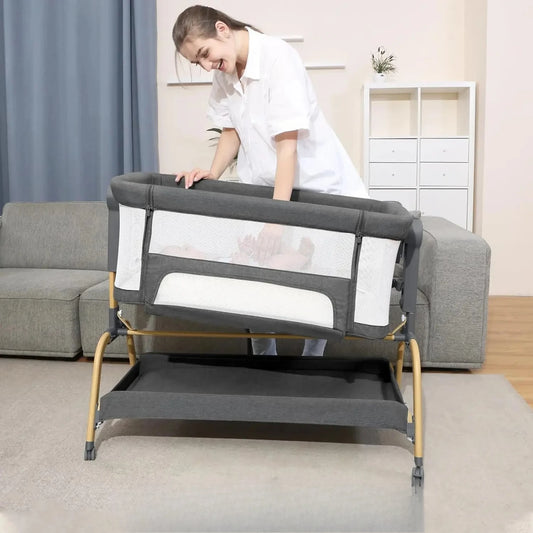 3 in 1 Baby Bassinet Rocking Bassinet with Comfy Mattress and Wheels, 6 Height Adjustable Easy Folding Portable Bedside Crib