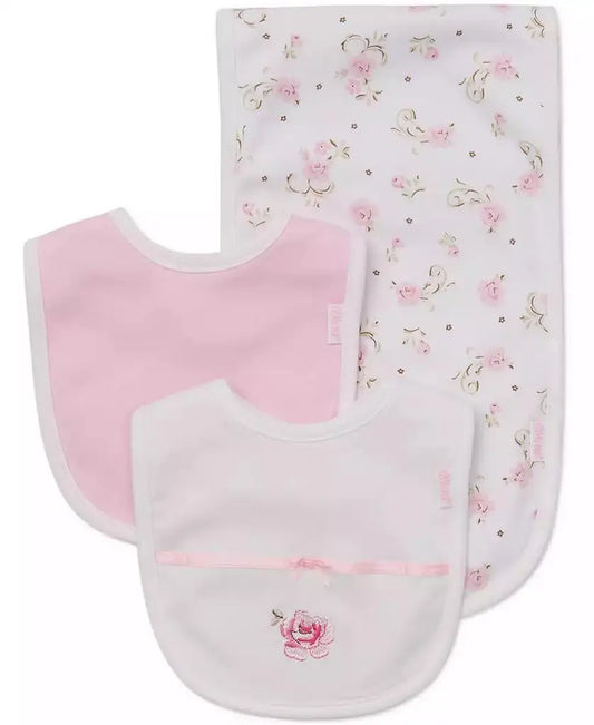 Little Me | Baby Girls Rose Bib and Burp Cloth, 3 Piece Set