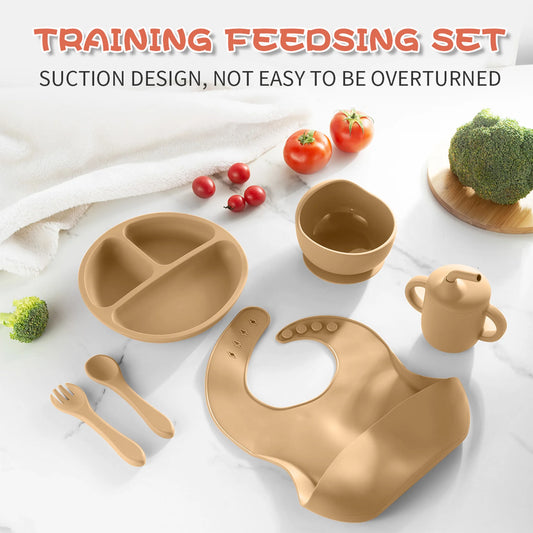 6 PCS Silicone Baby Feeding Set Baby Led Weaning Supplies with Suction Bowl Divided Plate Toddler Self Feeding Dish Set