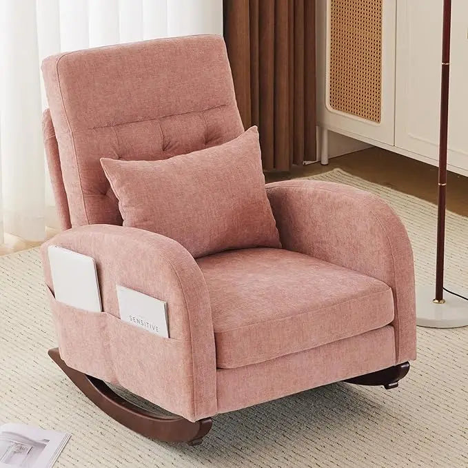 Beige Linen Nursery Rocking Chair with Thick Headrest,Mid-Century Modern Nursing Rocker,Upholstered Glider with Curved Armrest,