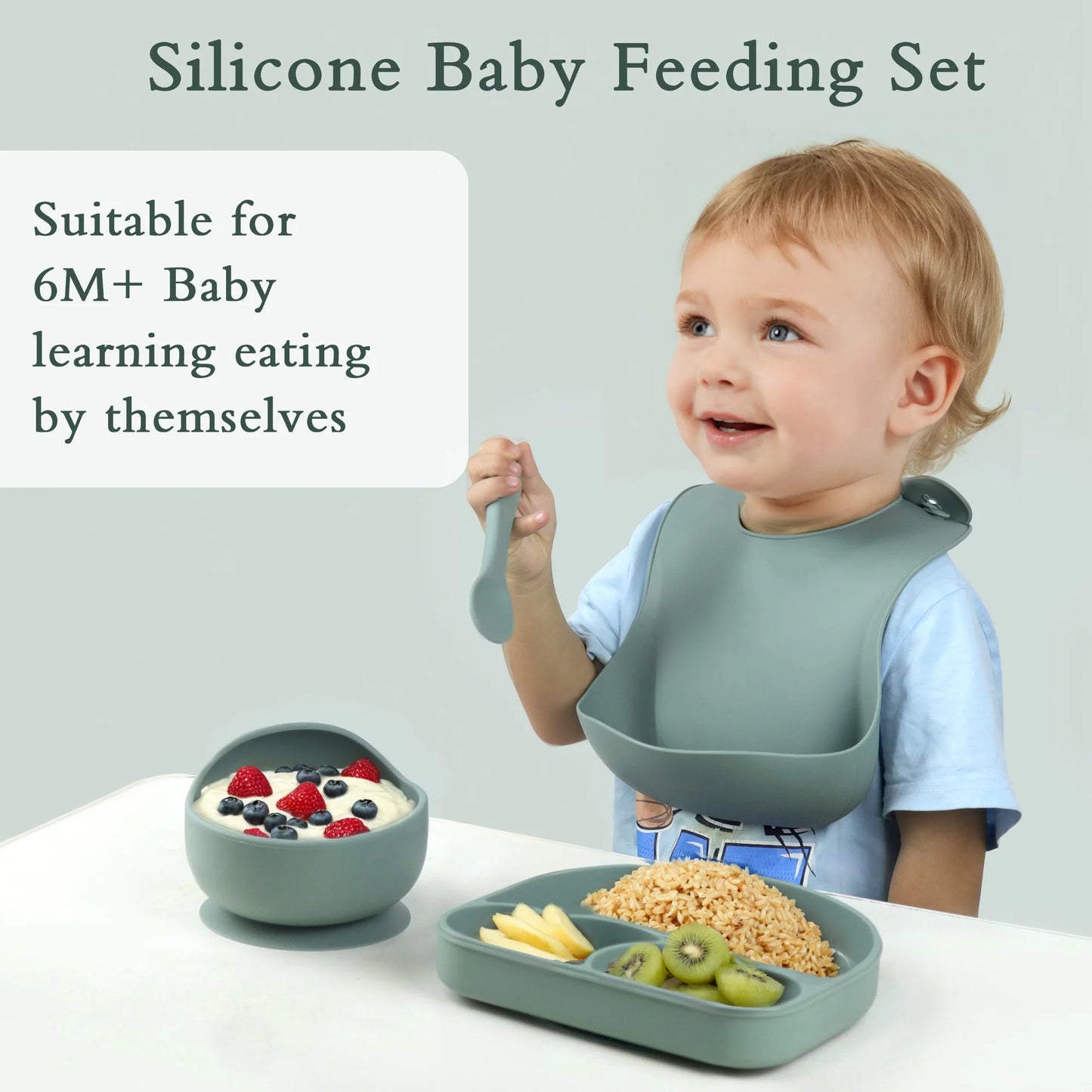 Silicone Baby Feeding Set Cute 6 PCS Baby Led Weaning Supplies with Suction Plates and Bowls Set
