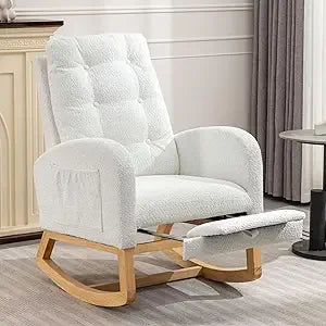Rocking Chair with Foot Rest, Nursery Glider Teddy Gliding Rocking Chair with Retractable Footrest Rubber Wood Legs Side Pocket
