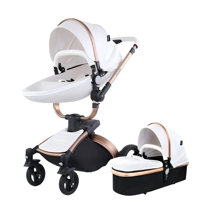 PU Leather Baby Stroller 3 IN 1 Luxury Lightweight High Landscape 360-Degree Rotating Aluminum Frame Baby Carriage Car Seat