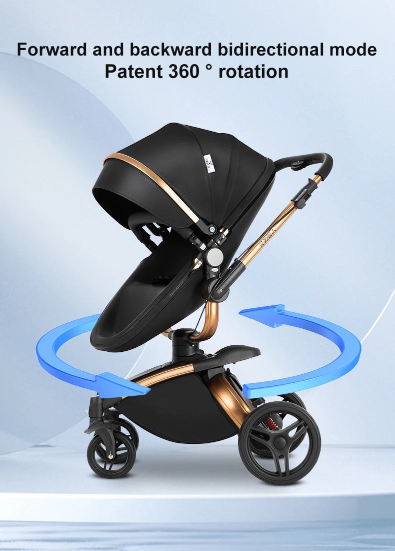 PU Leather Baby Stroller 3 IN 1 Luxury Lightweight High Landscape 360-Degree Rotating Aluminum Frame Baby Carriage Car Seat