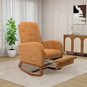 Rocking Chair with Foot Rest, Nursery Glider Teddy Gliding Rocking Chair with Retractable Footrest Rubber Wood Legs Side Pocket