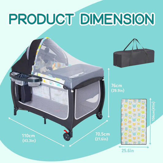 4 in 1 Pack and Play,Portable Baby Crib Deluxe Nursery Center, Foldable Travel Playard with Bassinet,Adjustable Canopy,Music Box
