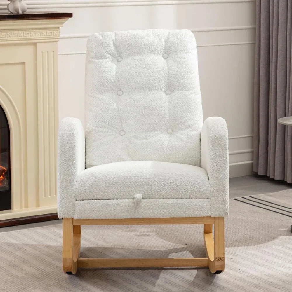 Rocking Chair with Foot Rest, Nursery Glider Teddy Gliding Rocking Chair with Retractable Footrest Rubber Wood Legs Side Pocket