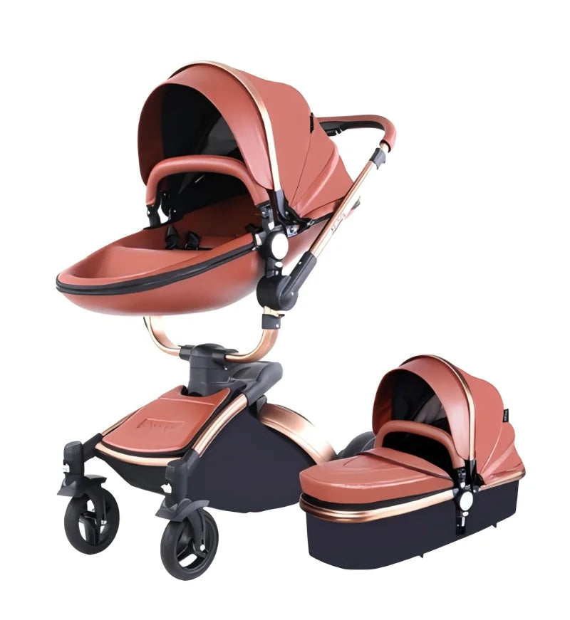 PU Leather Baby Stroller 3 IN 1 Luxury Lightweight High Landscape 360-Degree Rotating Aluminum Frame Baby Carriage Car Seat