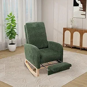 Rocking Chair with Foot Rest, Nursery Glider Teddy Gliding Rocking Chair with Retractable Footrest Rubber Wood Legs Side Pocket