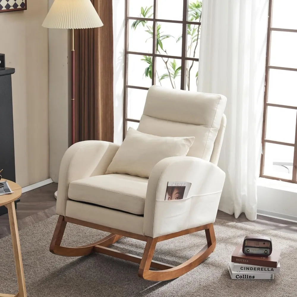 Beige Linen Nursery Rocking Chair with Thick Headrest,Mid-Century Modern Nursing Rocker,Upholstered Glider with Curved Armrest,