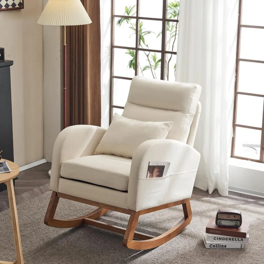 Beige Linen Nursery Rocking Chair with Thick Headrest,Mid-Century Modern Nursing Rocker,Upholstered Glider with Curved Armrest,