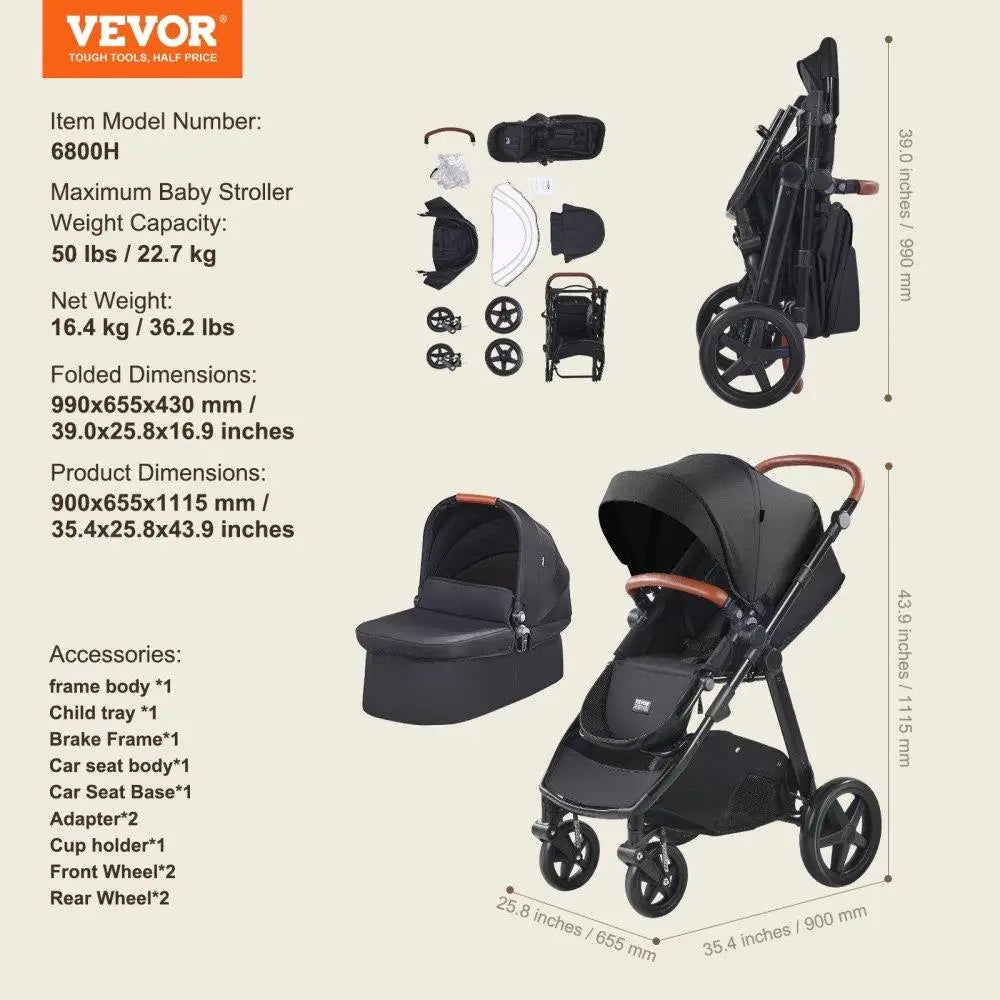 Stroller Travel System 2-in-1 with Bassinet & Playard Baby Combo Set Black