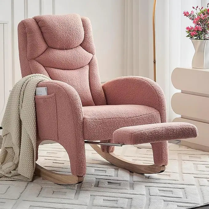 Rocking Chair with Foot Rest, Nursery Glider Teddy Gliding Rocking Chair with Retractable Footrest Rubber Wood Legs Side Pocket