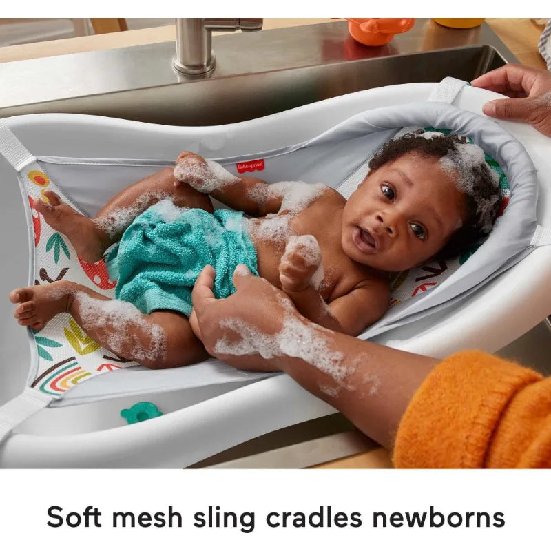 new - 4-in-1 Sling ‘n Seat Tub Baby to Toddler Bath with 2 Toys, Whimsical Forest, Plastic
