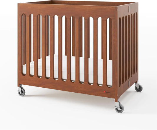 Boutique Compact Folding Crib for Baby, Portable Mini Crib for Hotels, Homes, and Nurseries, Wood Crib, Commercial Casters