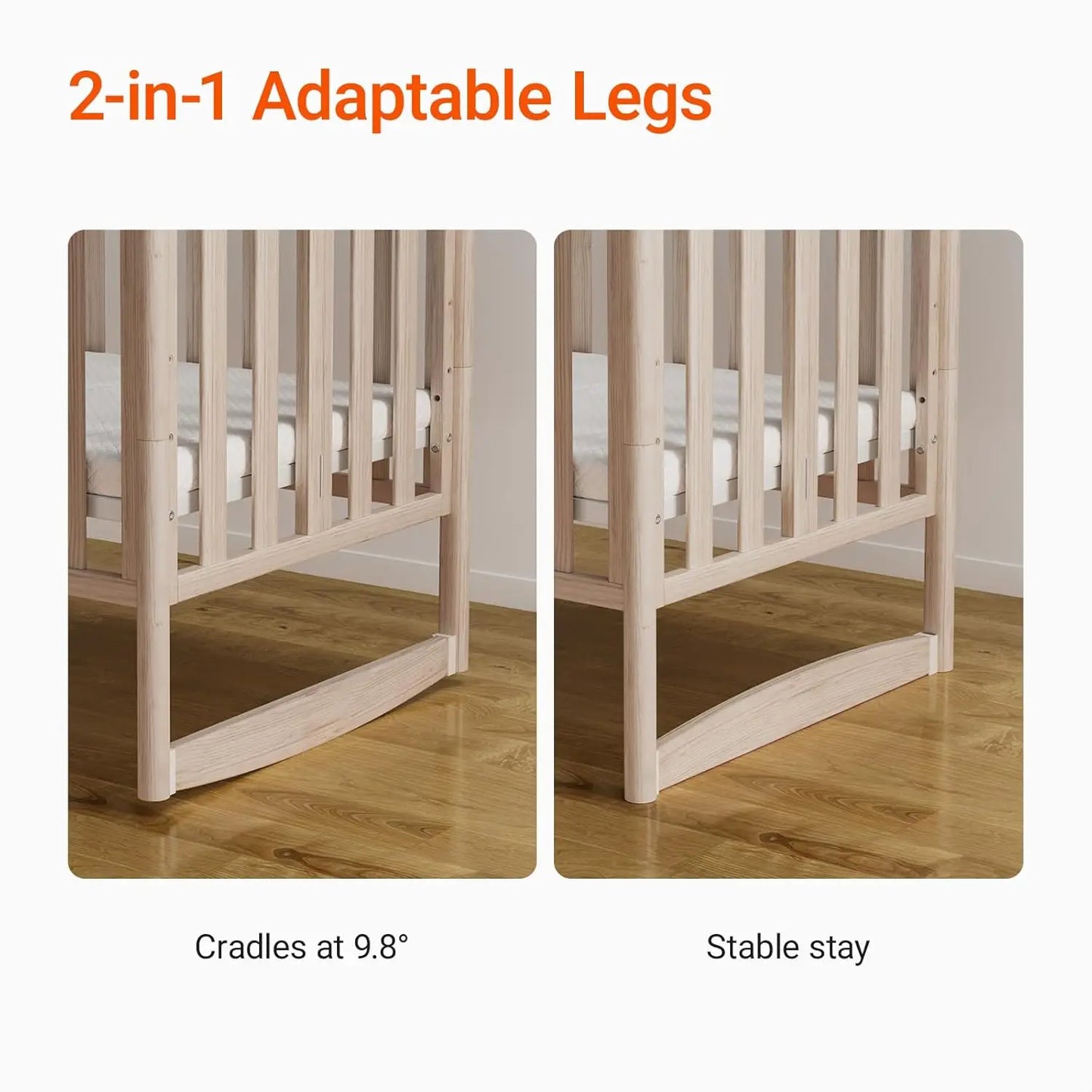 MAMAZING 6-in-1 Mini Crib with Removable Wheels & Mattress 4 Adjustable Heights 100% New Zealand Pinewood Washed Natural
