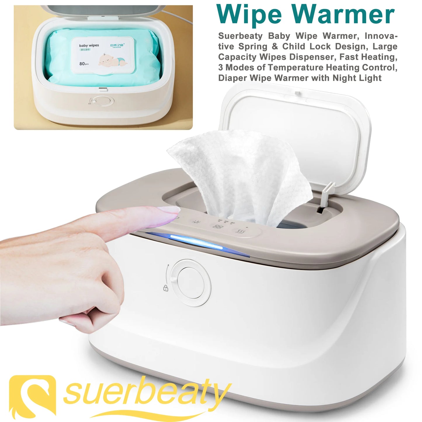 Baby Wipe Warmer, Innovative Spring & Child Lock Design, Large Capacity Wipes Dispenser, Fast Heating, 3 Modes of Temp