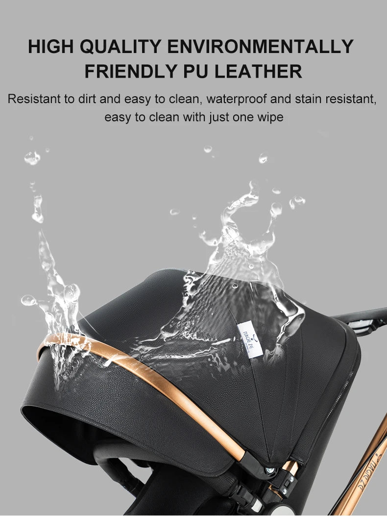 PU Leather Baby Stroller 3 IN 1 Luxury Lightweight High Landscape 360-Degree Rotating Aluminum Frame Baby Carriage Car Seat