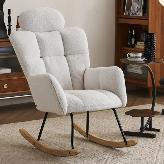 Rocking Chair Nursery with Thick Headrest, Upholstered Reading Glider Rocker Accent Armchair with High Backrest Rocker