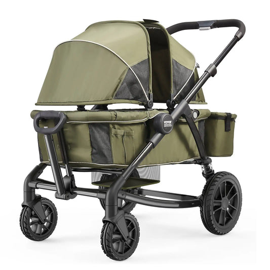 2-in-1 All-Terrain Double Stroller Wagon – Foldable with canopy, snack tray & cup holders. Holds 55lbs/seat (olive green).