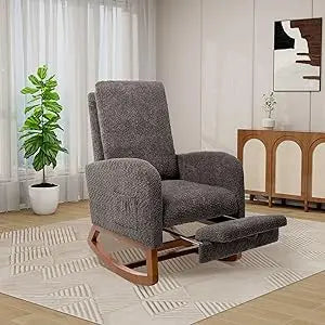 Rocking Chair with Foot Rest, Nursery Glider Teddy Gliding Rocking Chair with Retractable Footrest Rubber Wood Legs Side Pocket