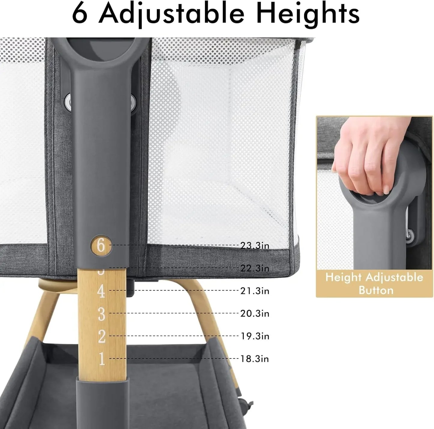 3 in 1 Baby Bassinet Rocking Bassinet with Comfy Mattress and Wheels, 6 Height Adjustable Easy Folding Portable Bedside Crib