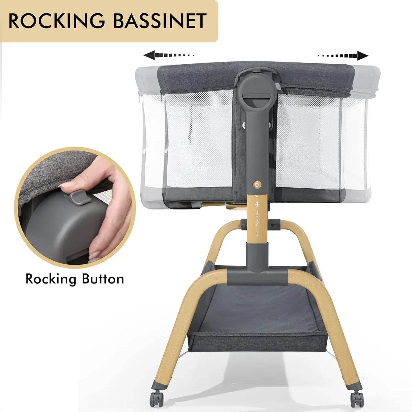 3 in 1 Baby Bassinet Rocking Bassinet with Comfy Mattress and Wheels, 6 Height Adjustable Easy Folding Portable Bedside Crib