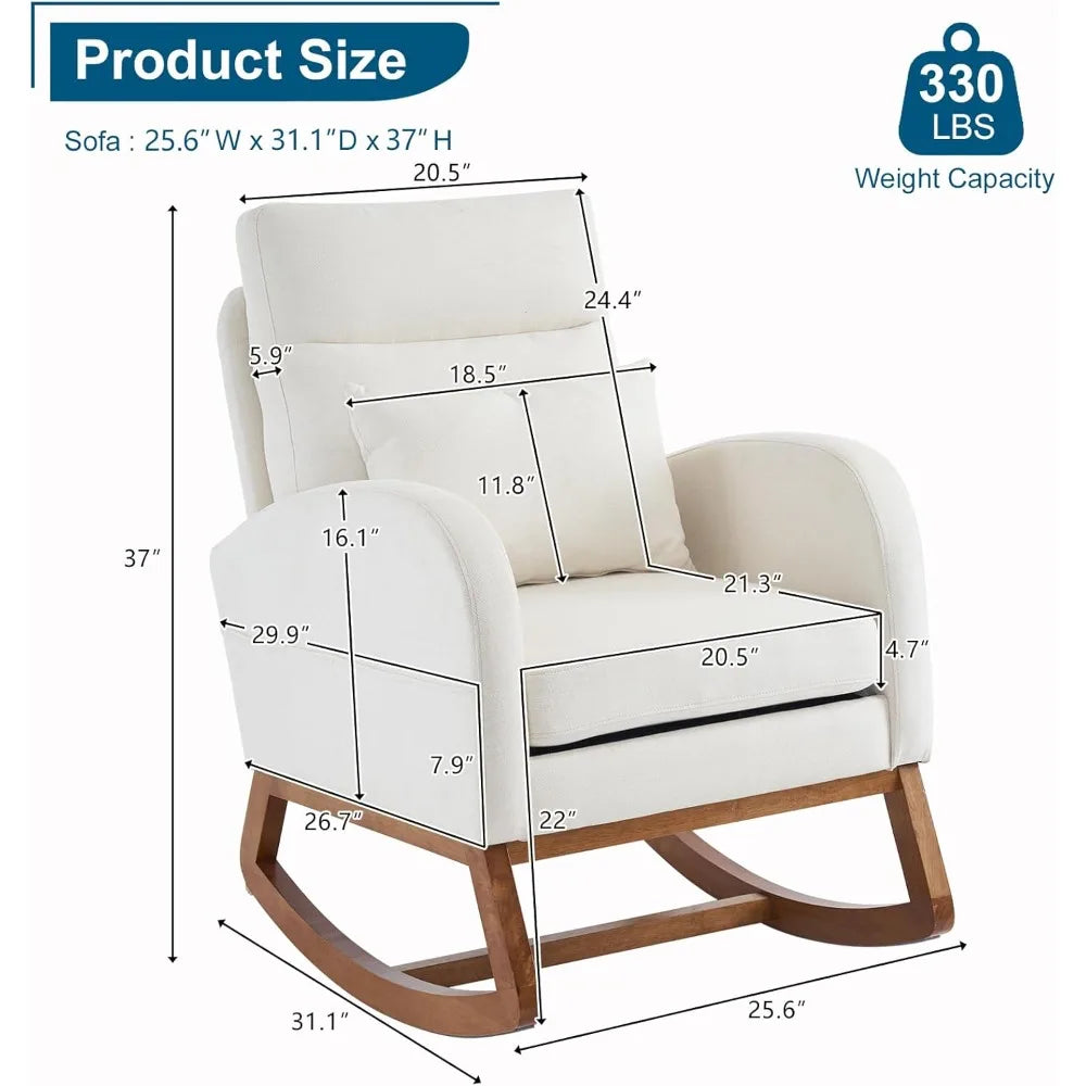 Beige Linen Nursery Rocking Chair with Thick Headrest,Mid-Century Modern Nursing Rocker,Upholstered Glider with Curved Armrest,